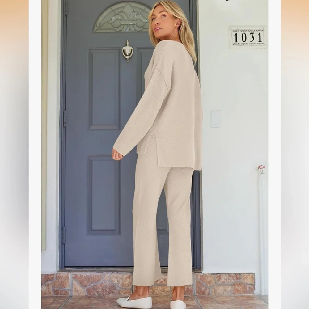 LILLUSORY Cream Knit 2 Piece Lounge Set Size M Henley Top Pants Oversize Slouchy